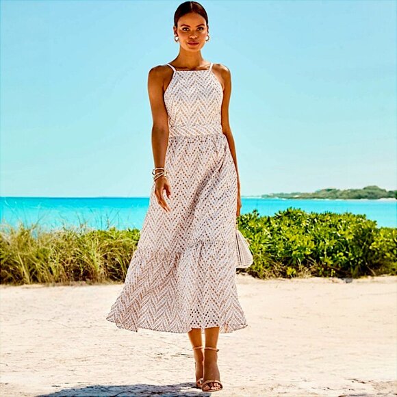 Lilly Pulitzer Charlese Eyelet Halter Maxi Dress in Sand Bar NWT - Size 14 - Picture 1 of 12